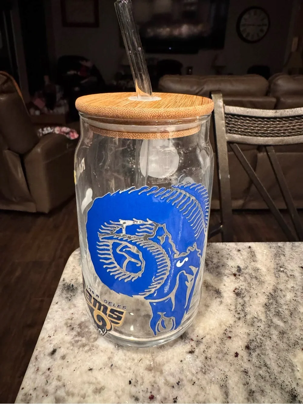 St. Louis Rams Glass Jar with Bamboo Lid - Clear with Yellow & Blue Logos